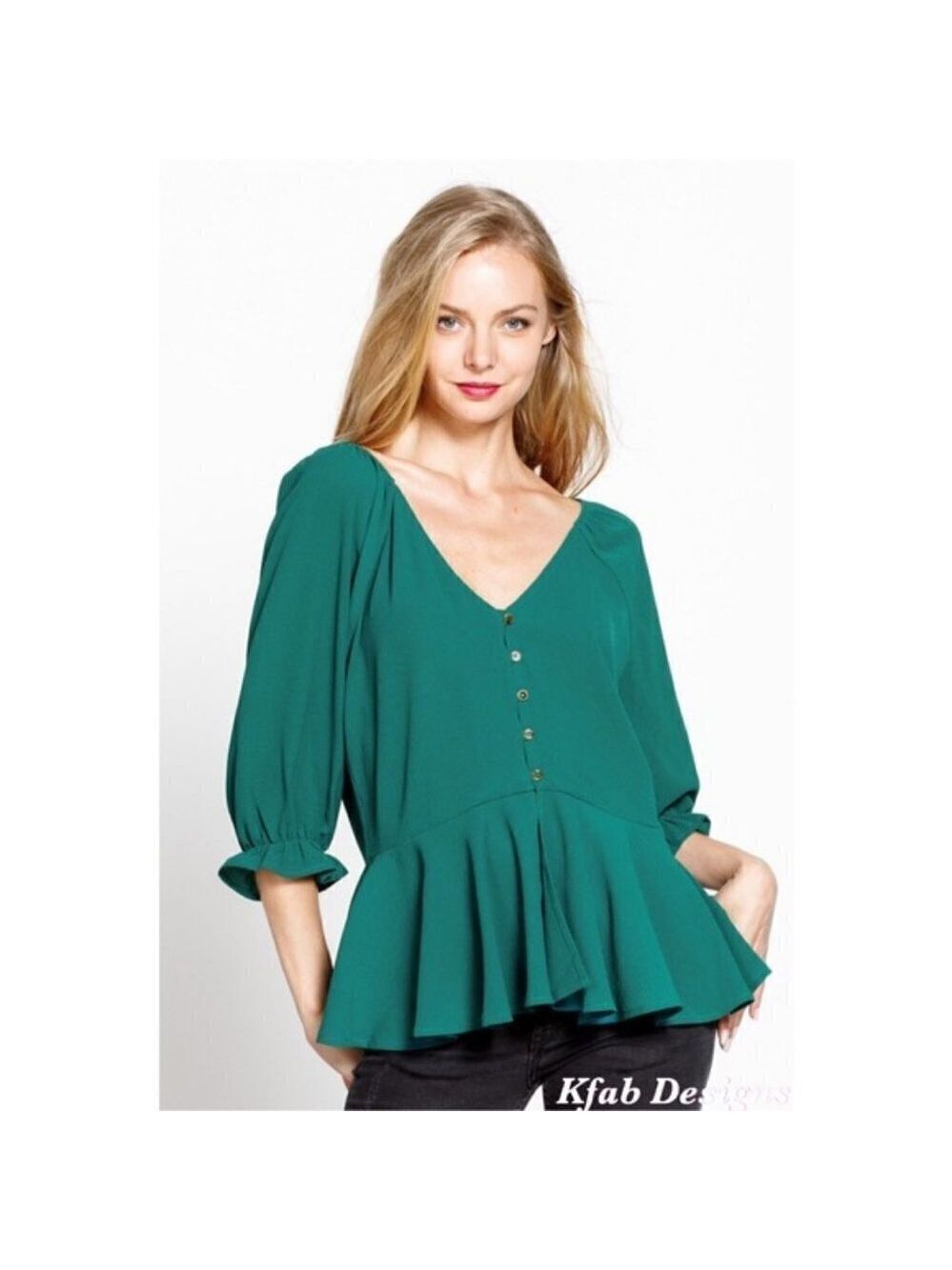 Teal Green Puff Sleeve V-Neck Button Peplum